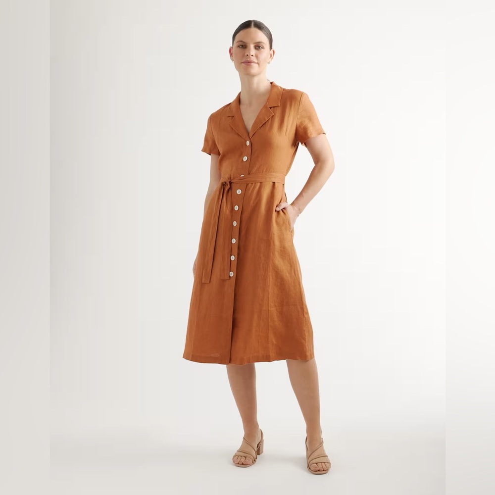 Quince Linen Front Button Dress in Terracotta, Like New, Medium